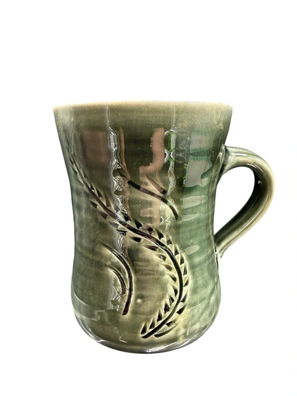 Studio Pottery Mug Green Drip Glaze Stoneware Coffee Cup Signed DTP J